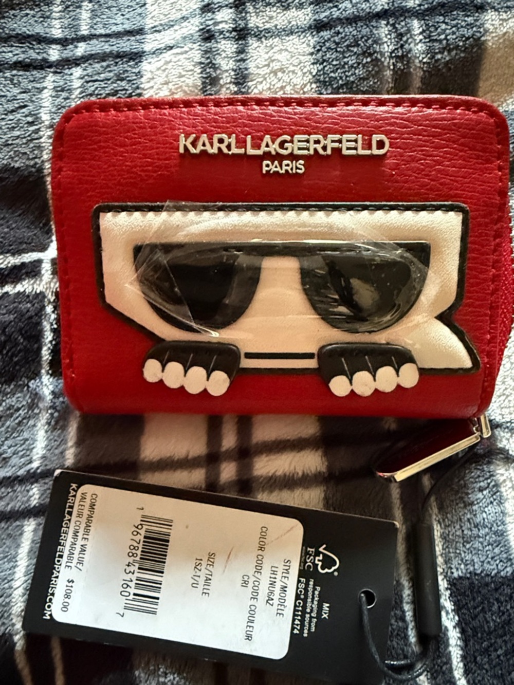 Karl Lagerfeld Red Leather Cartoon Face Zip Cardholder